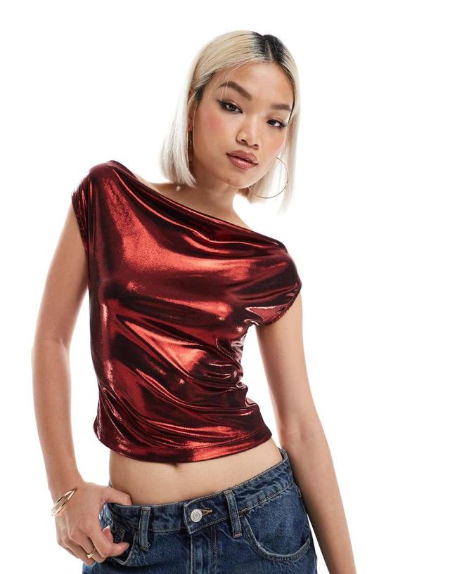 ASOS DESIGN foil cowl neck top in red Product Image