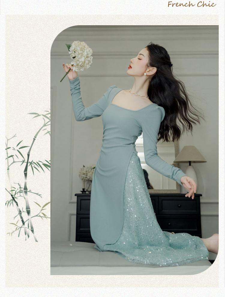 Long Sleeve Square Neck Plain Sequin Panel Asymmetrical Midi A-Line Dress Product Image