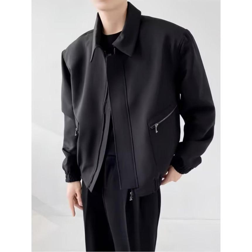 Collared Plain Zip-Up Jacket Product Image