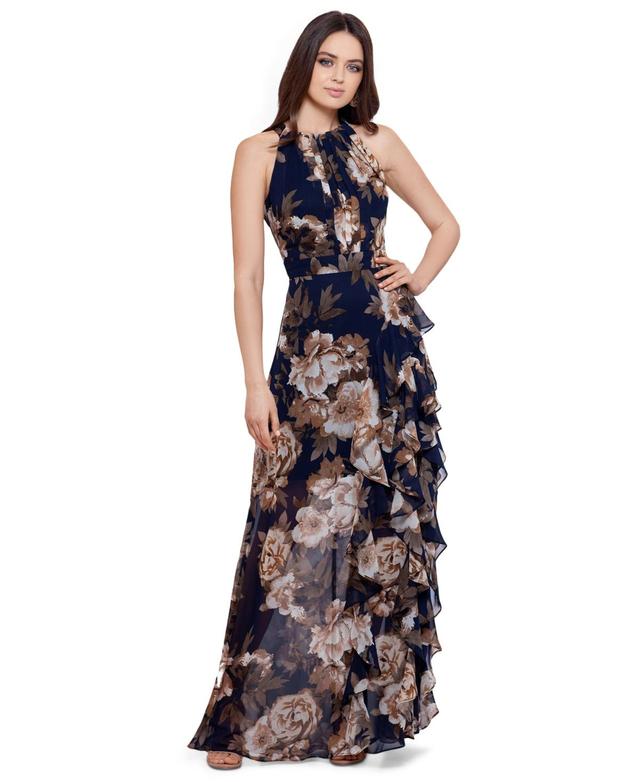 Betsy & Adam Womens Floral-Print Ruffled Chiffon Gown Product Image