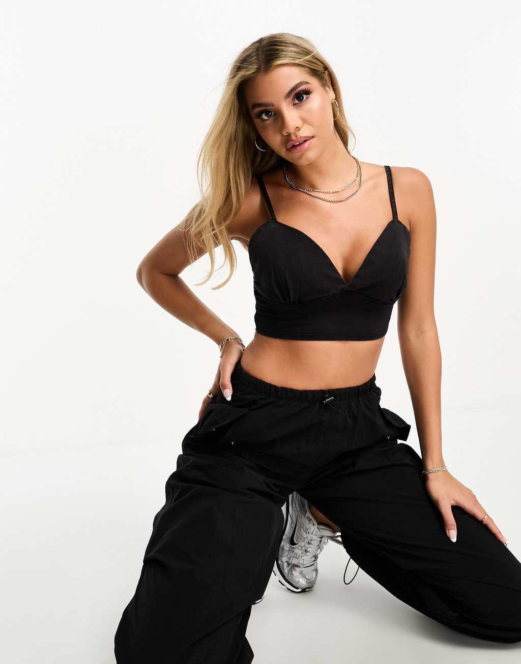 Parisian denim bustier crop top in charcoal Product Image