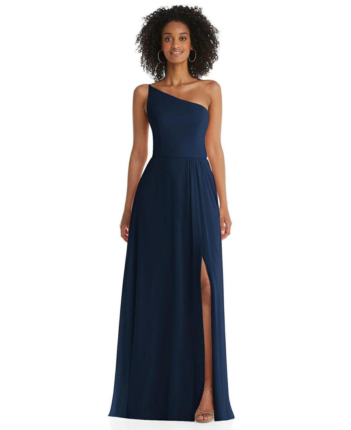 Womens One-Shoulder Chiffon Maxi Dress with Shirred Front Slit Product Image