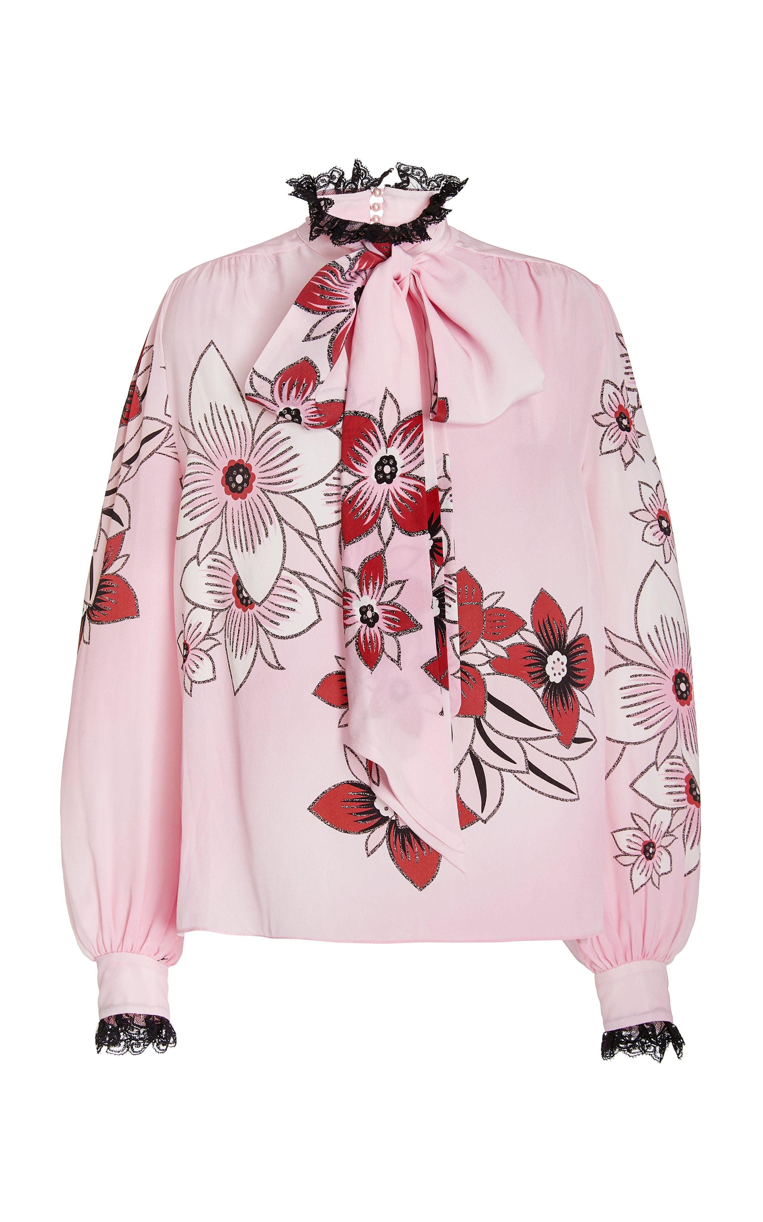 Pink And Burgundy Ombre Floral Silk Blouse Product Image