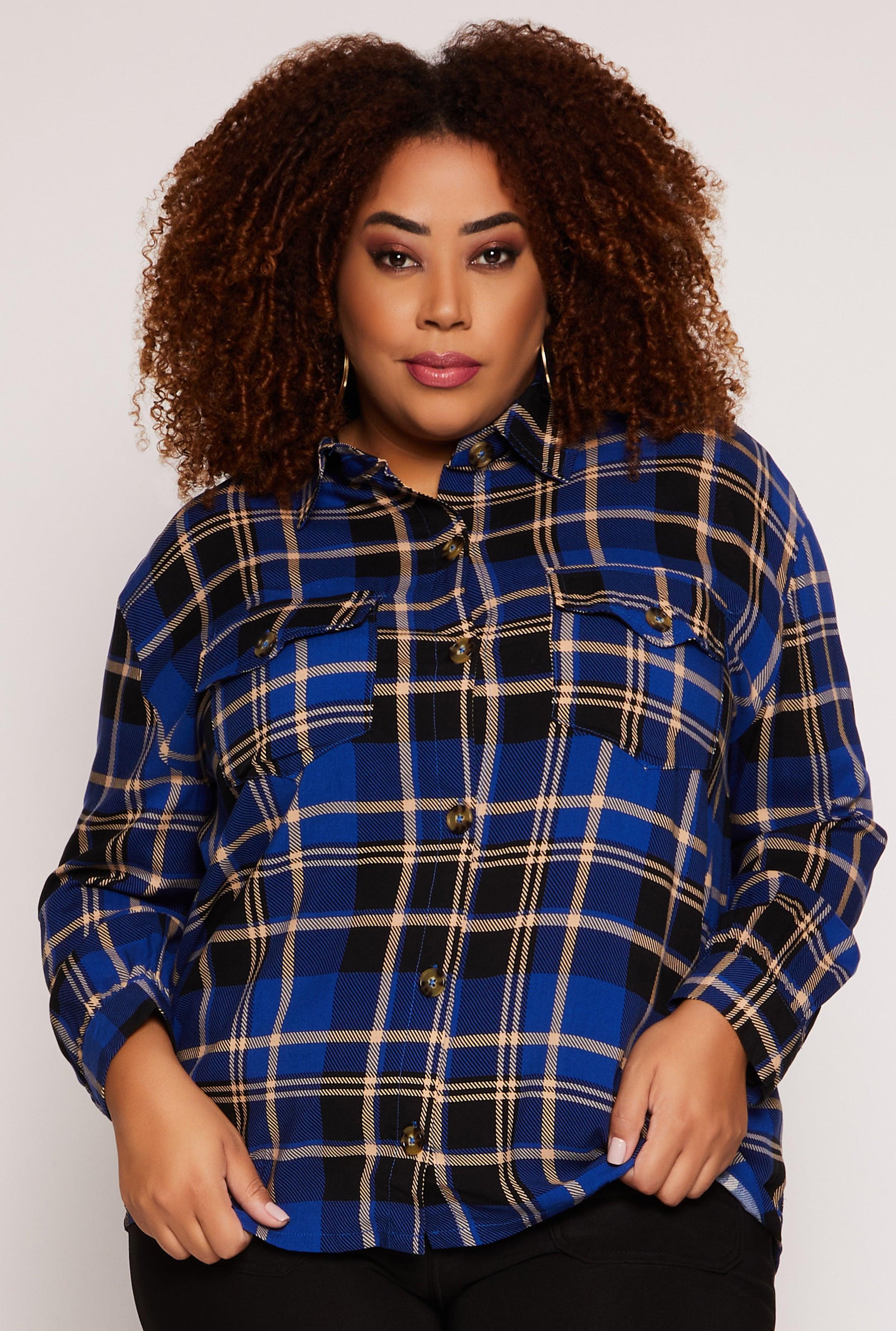 Womens Plus Size Plaid Button Front Long Sleeve Shirt Product Image