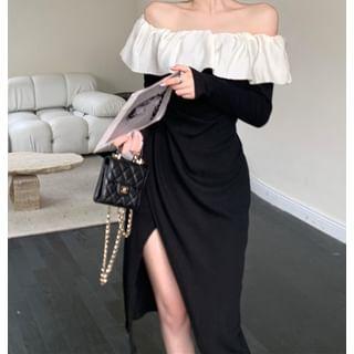 Long-Sleeve Off Shoulder Ruffle Slit Bodycon Midi Dress Product Image