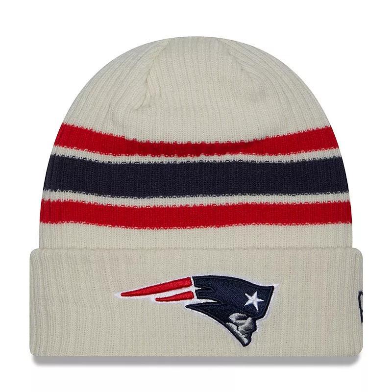 Mens New Era Cream New England Patriots Team Stripe Cuffed Knit Hat Product Image