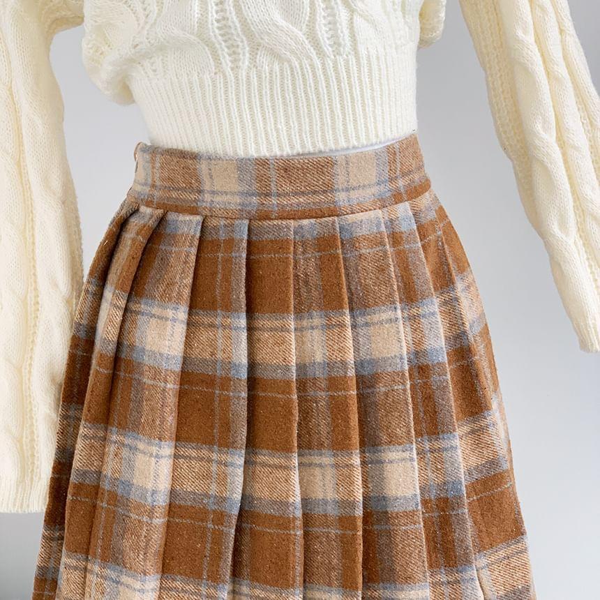 High Waist Plaid Pleated Mini A-Line Skirt Product Image