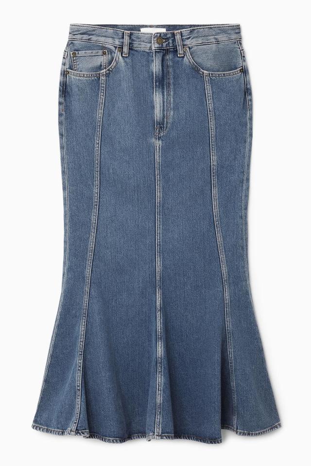 PANELED FLARED DENIM SKIRT Product Image