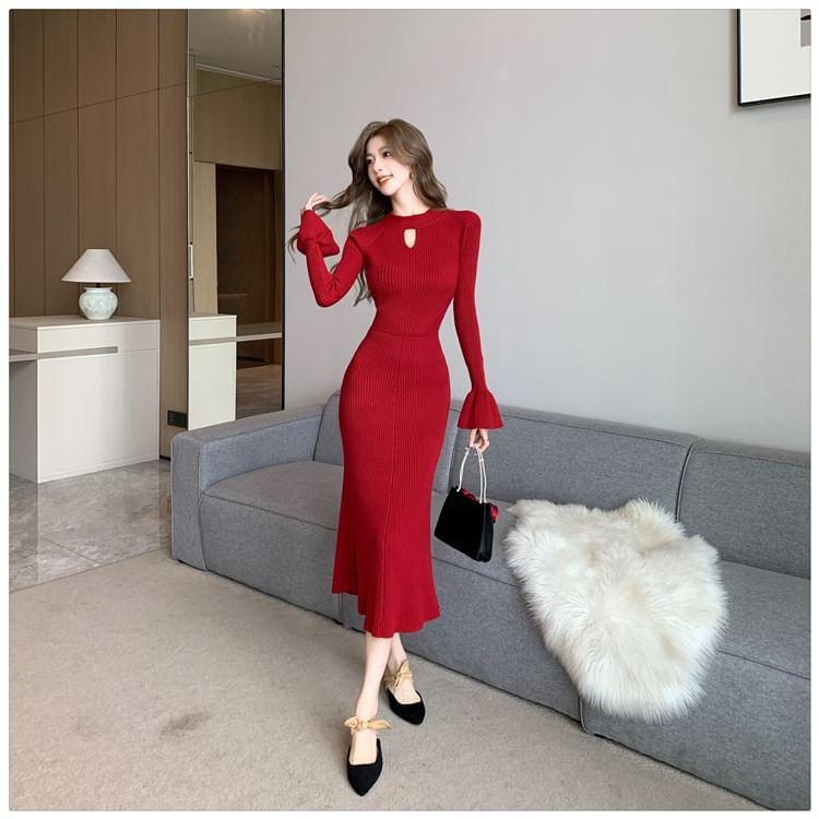 Long-Sleeve Round Neck Plain Cutout Ribbed Midi Sheath Knit Dress Product Image