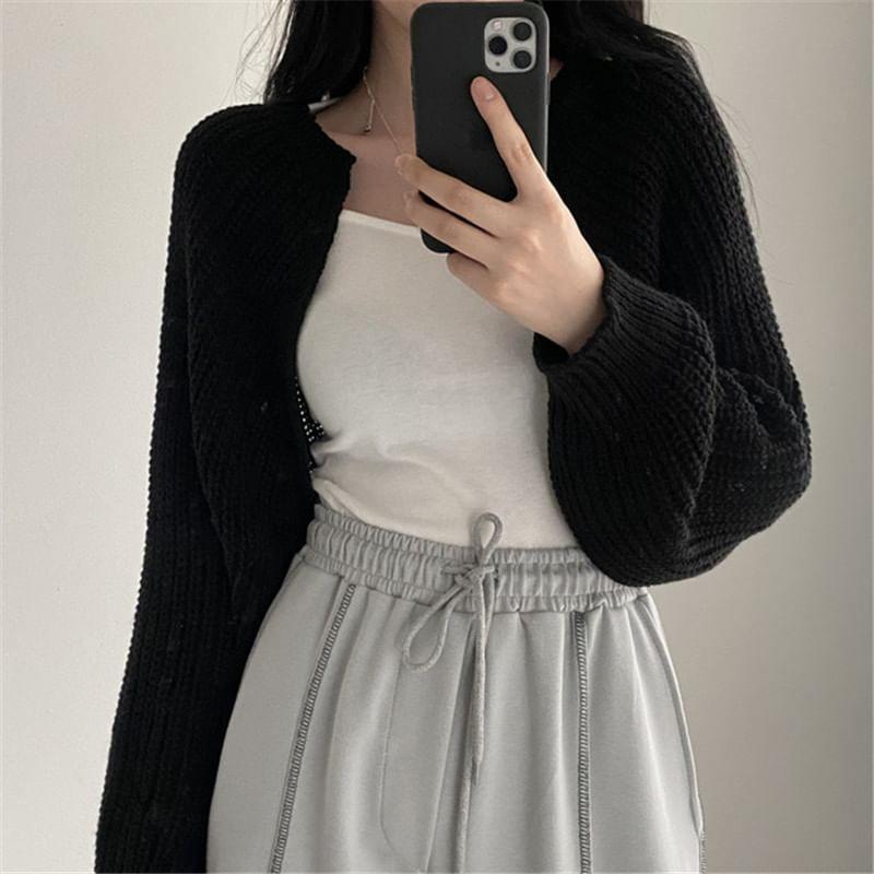 Plain Chunky Knit Open Front Crop Cardigan Product Image