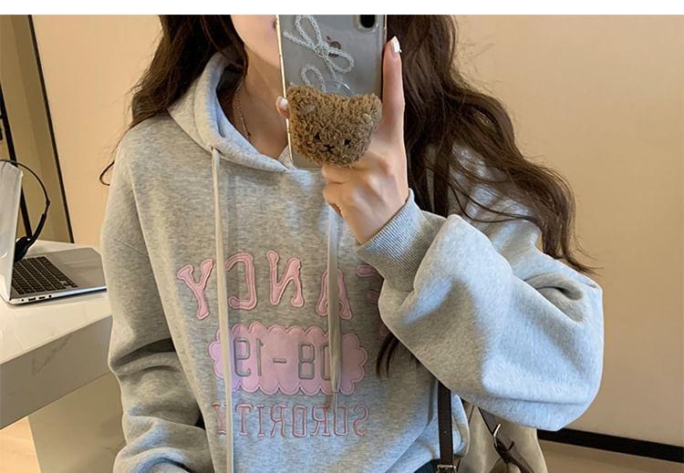 Long Sleeve Lettering Applique Loose-Fit Hooded Pullover Product Image