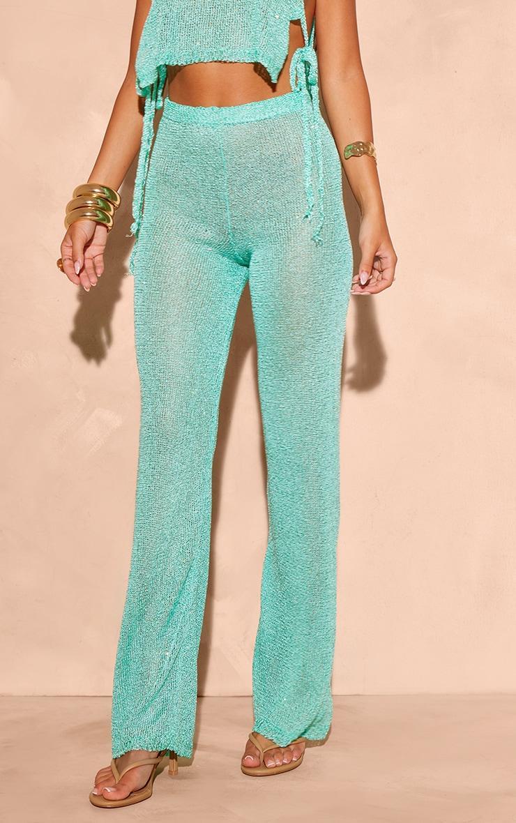 Turquoise Sequin Knit Wide Leg Floaty Pants Product Image