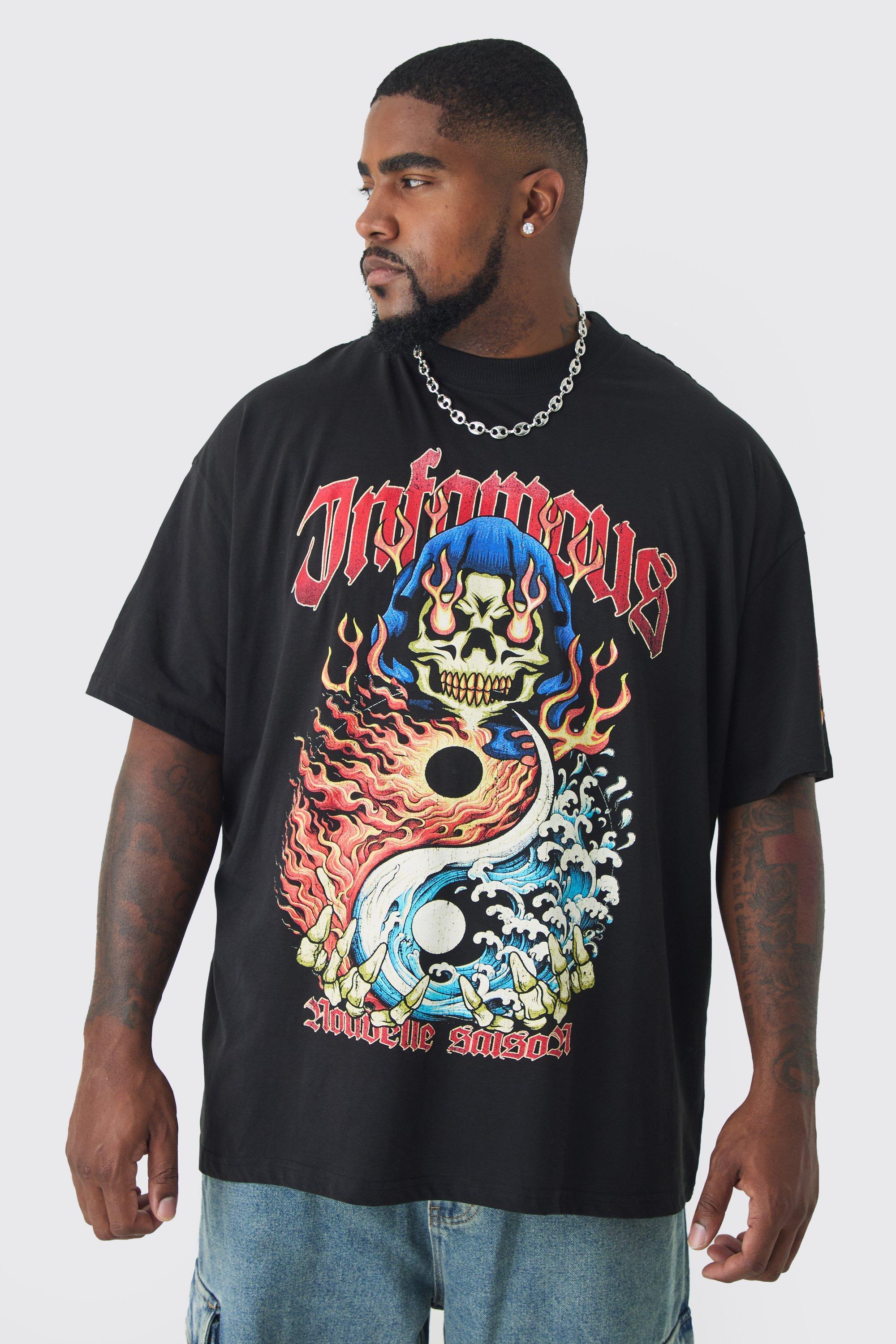 Plus Infamous Flame Print Oversized T-shirt in Black | boohooMAN USA Product Image