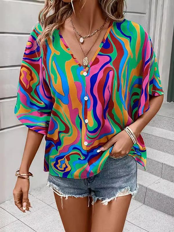 Batwing Sleeves Loose Buttoned Printed V-Neck Blouses&Shirts Tops Product Image