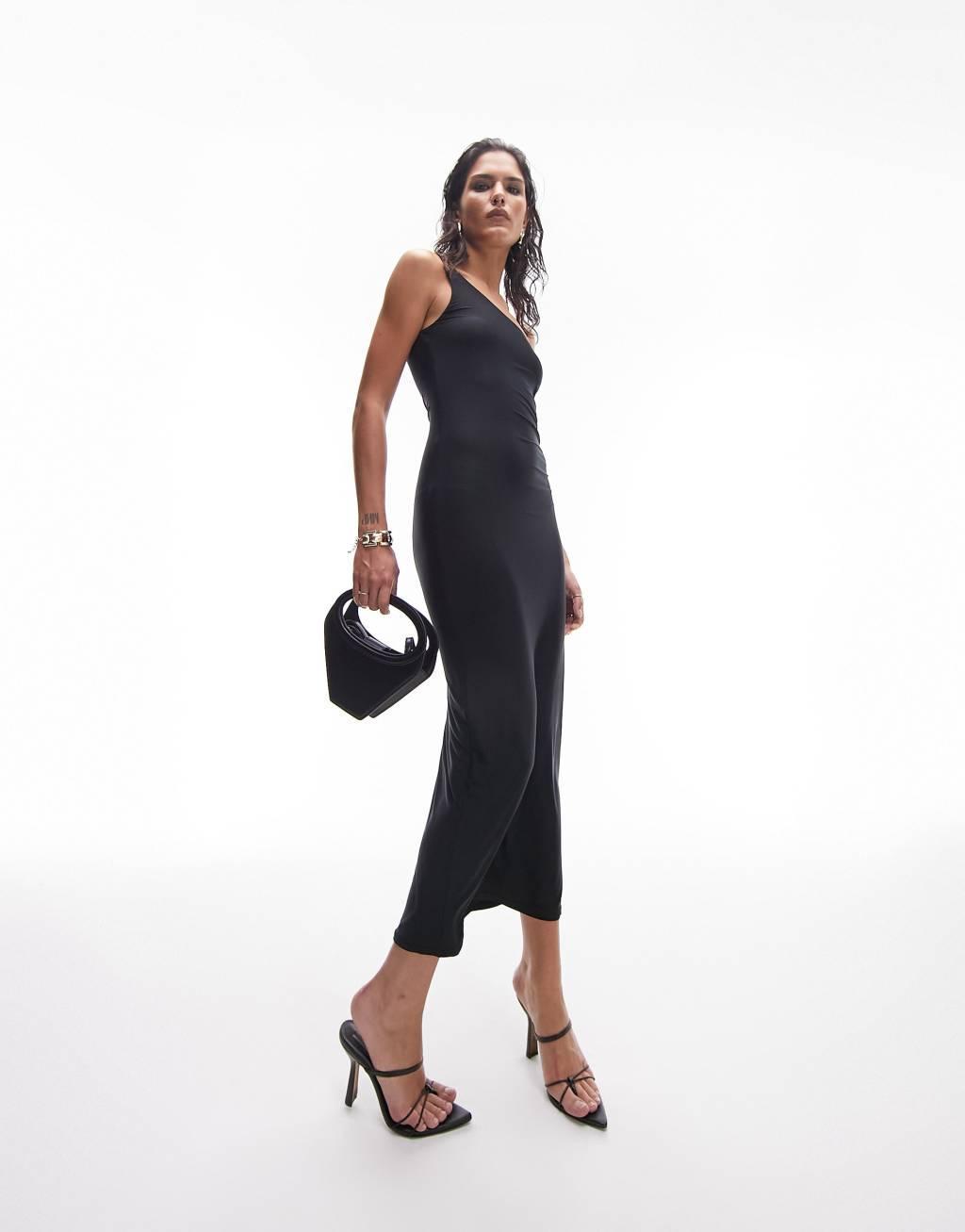 Topshop super soft shaping one shoulder slip dress in black Product Image