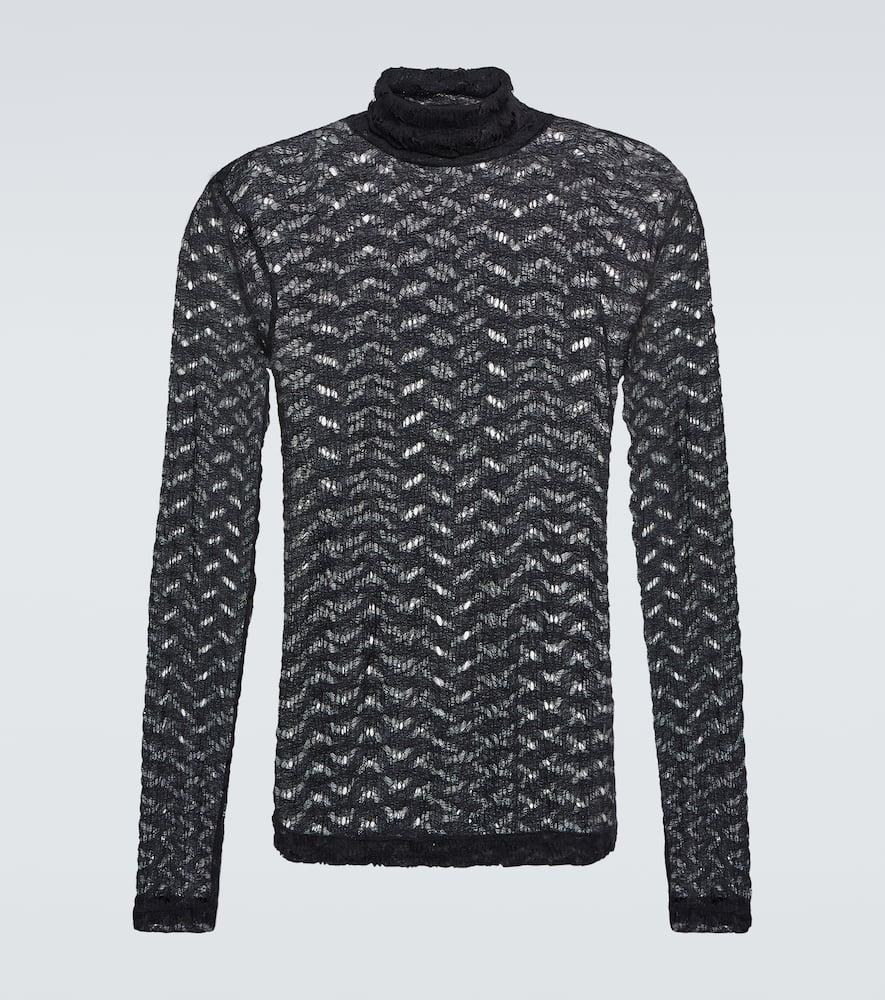 Open-knit Turtleneck Top In Black Product Image