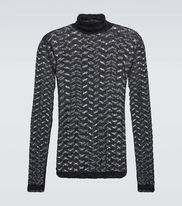 Open-knit Turtleneck Top In Black Product Image