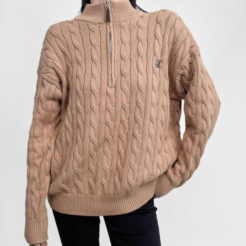 Mock Neck Half Zip Cable Knit Plain Sweater Product Image