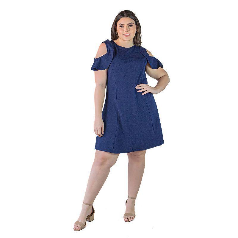 Plus Size 24Seven Comfort Apparel Ruffle Cold Shoulder A-Line Dress, Womens Blue Product Image