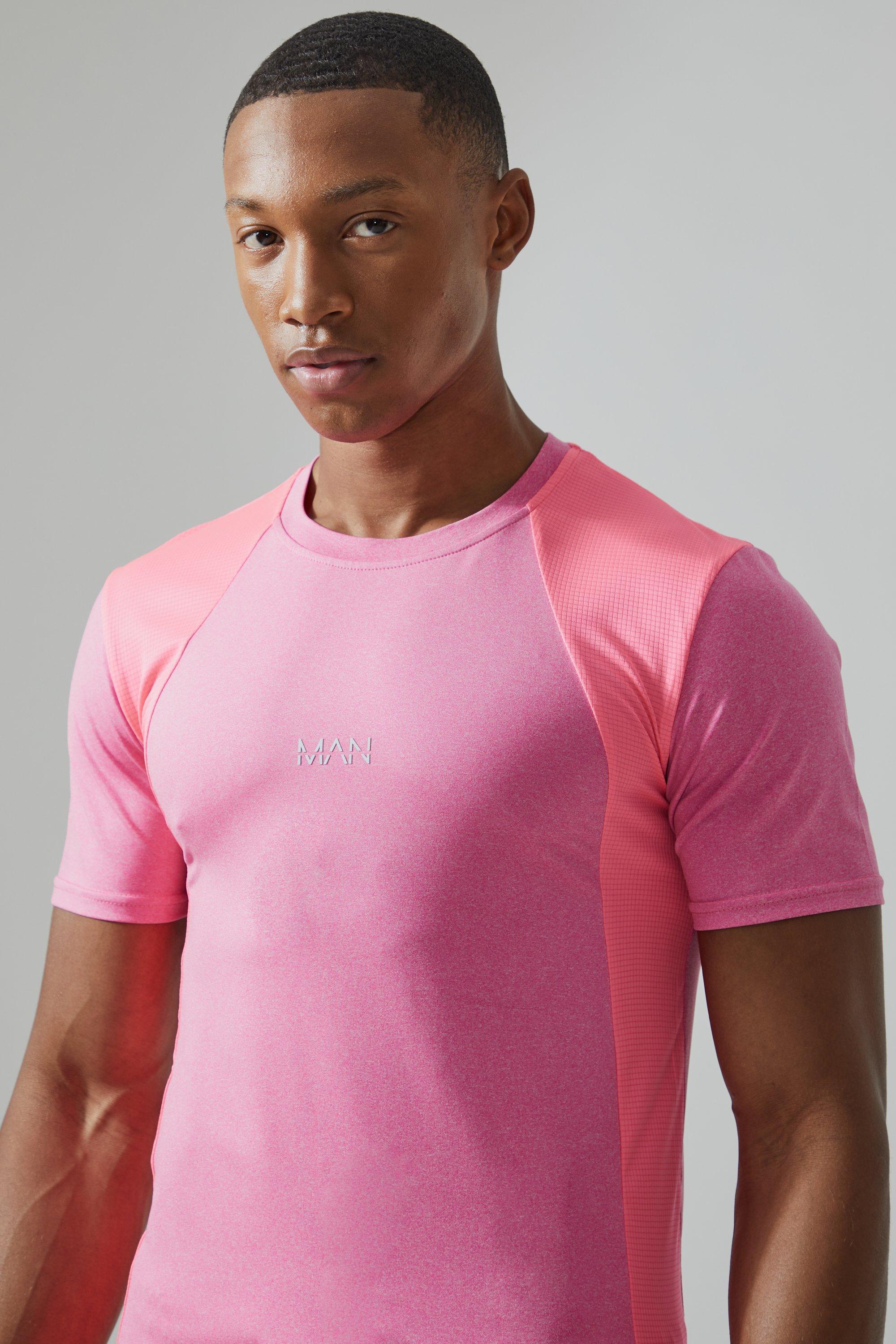 Mens Pink Man Active Mesh Muscle Fit Colour Block T-shirt, Pink Product Image