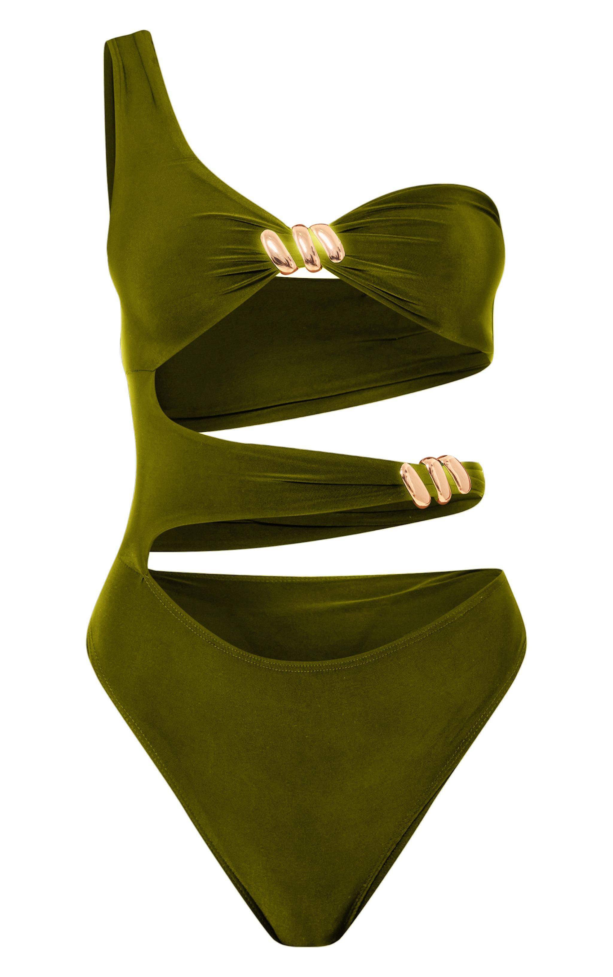 Premium Olive Double Layer Asymmetrical Trim Detail Bodysuit Product Image