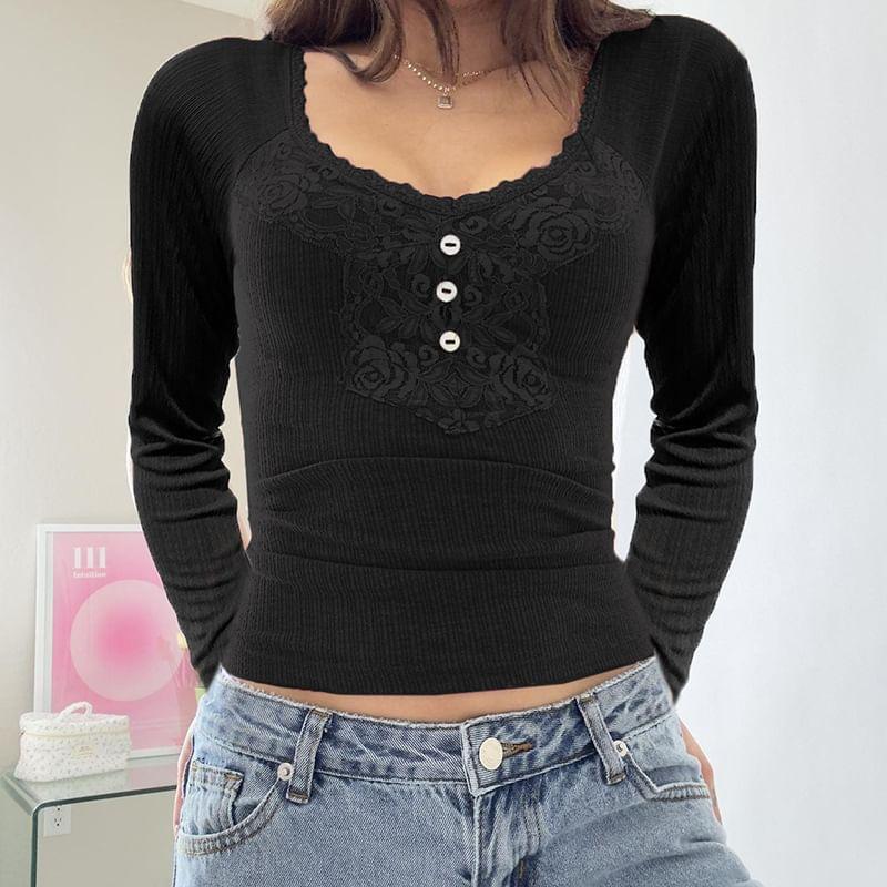 Long Sleeve Scoop Neck Plain Button Panel Lace Top Product Image