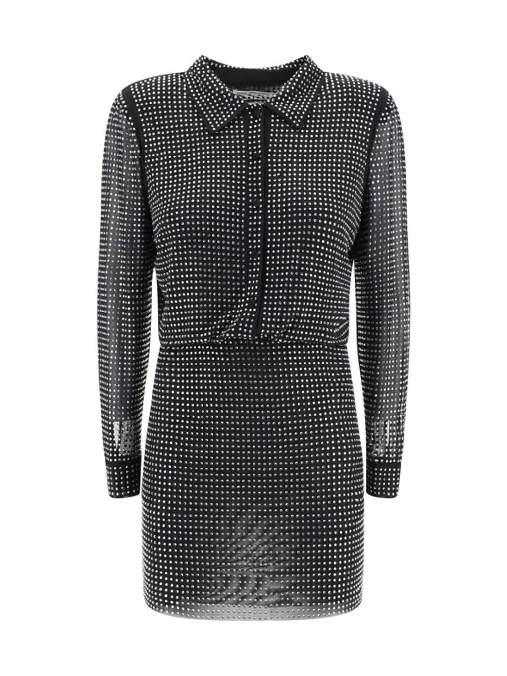 Rhinestone Long-sleeve Mini Shirtdress In Black Product Image