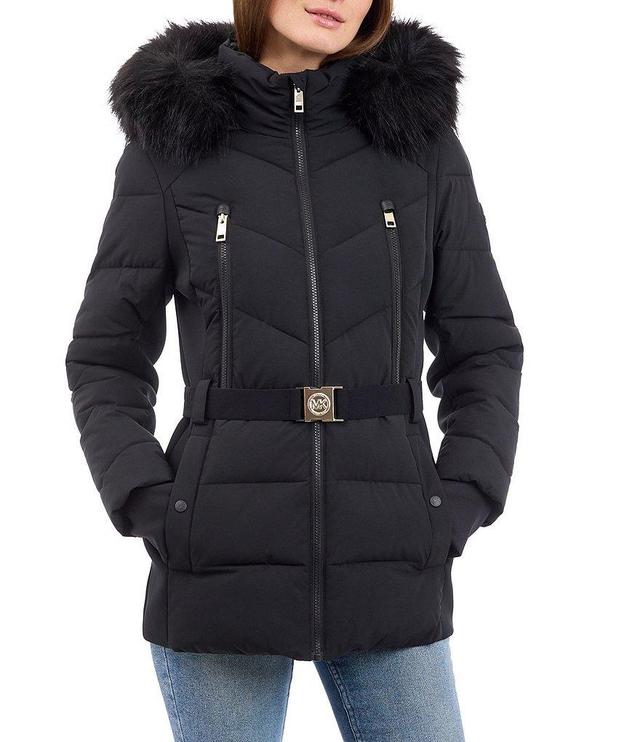 MICHAEL Michael Kors Faux Fur Stand Collar Hooded Belted Puffer Jacket Product Image