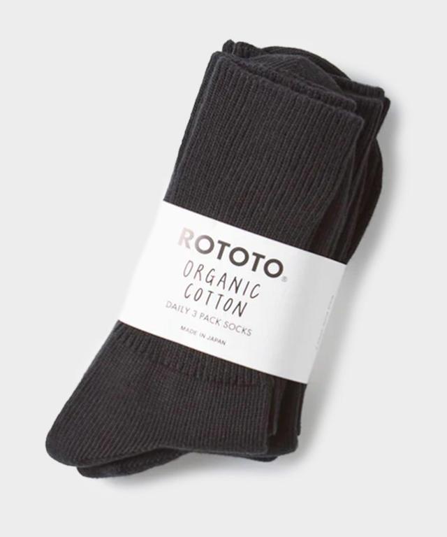 Rototo Organic Daily 3 Pack Ribbed Crew Socks in Black Product Image