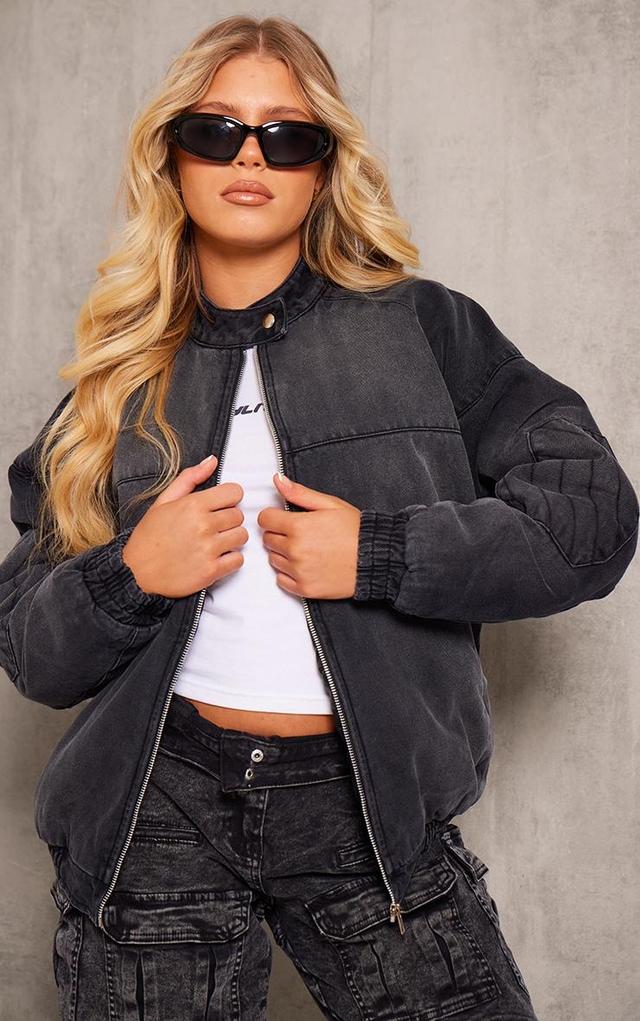 Washed Black Zip Up Denim Bomber Jacket Product Image