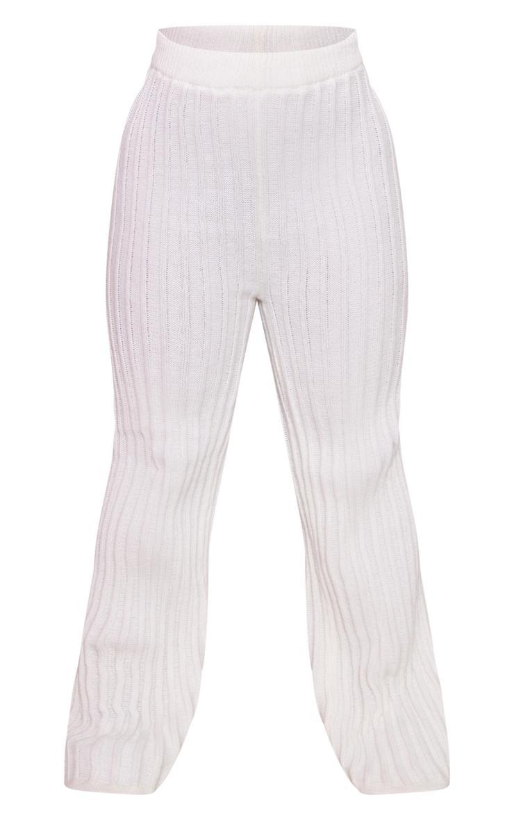 PRETTYLITTLETHING Plus Cream Ribbed Wide Leg Knitted Pants Product Image