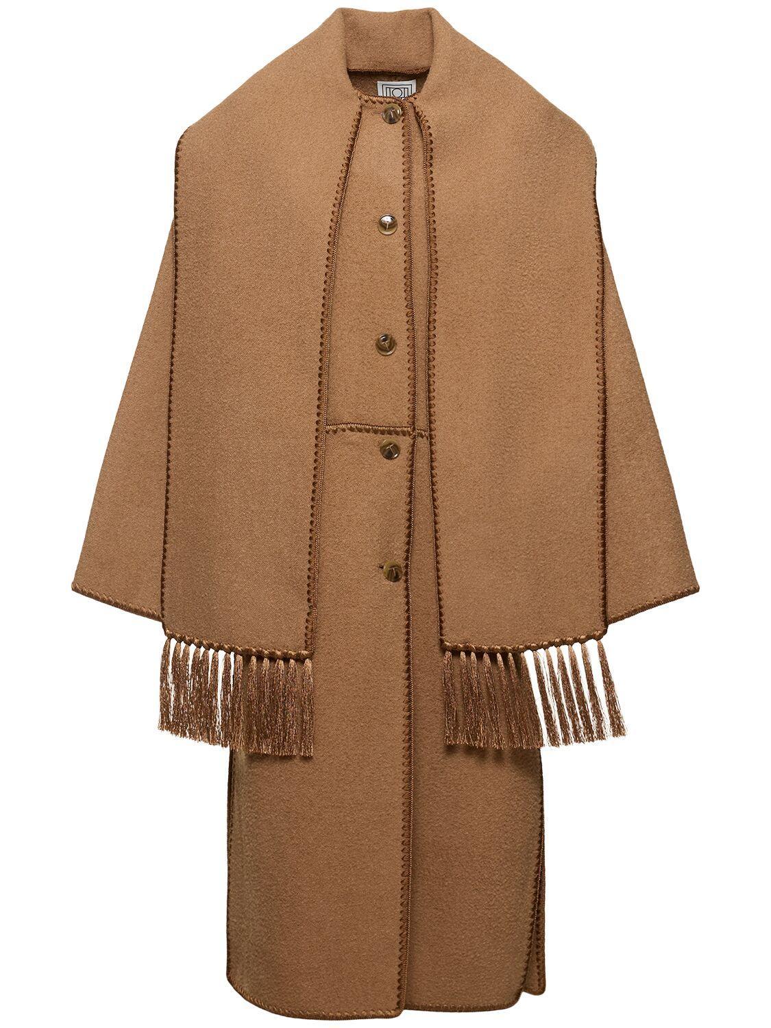 Embroidered Scarf Wool Blend Long Coat In Camel Product Image