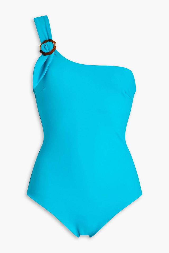 One-shoulder Buckled Swimsuit In Turquoise Product Image