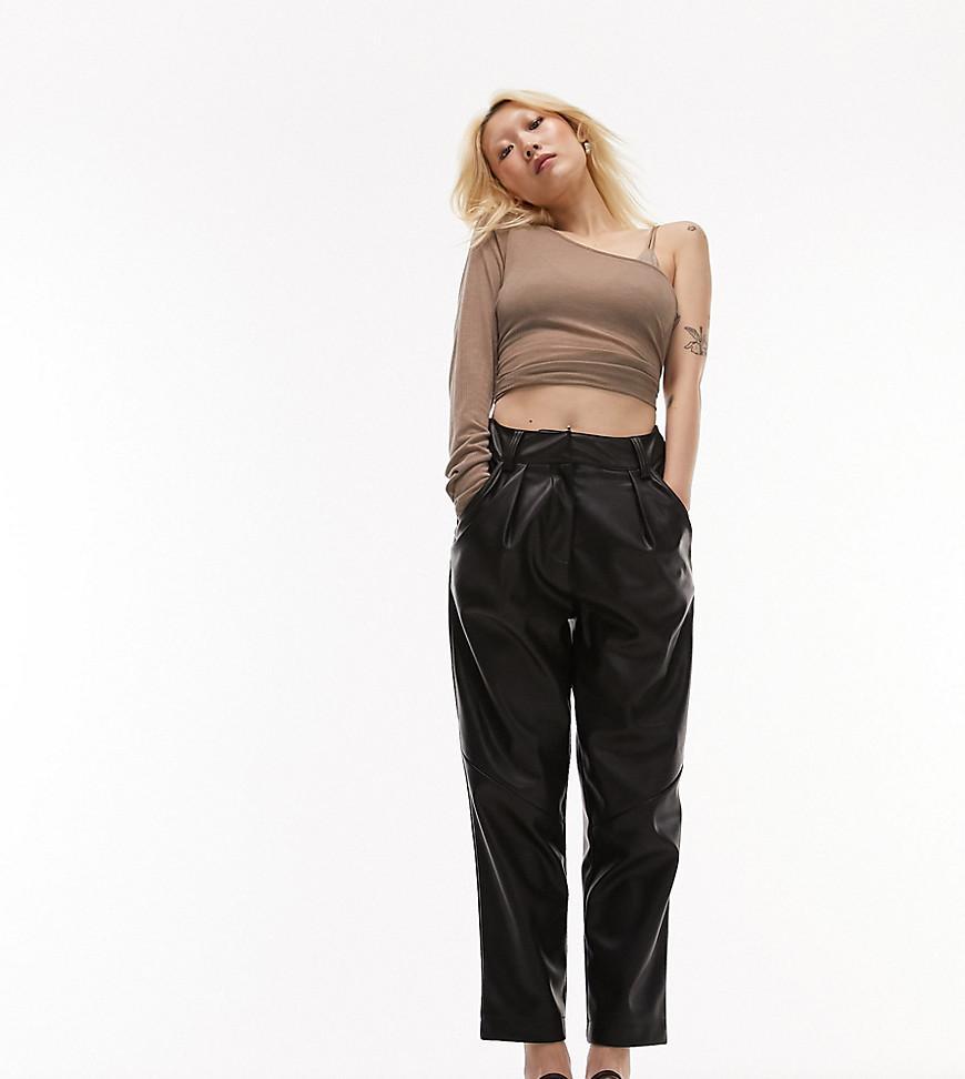 Topshop Petite faux leather high waist pleated peg pants in black Product Image