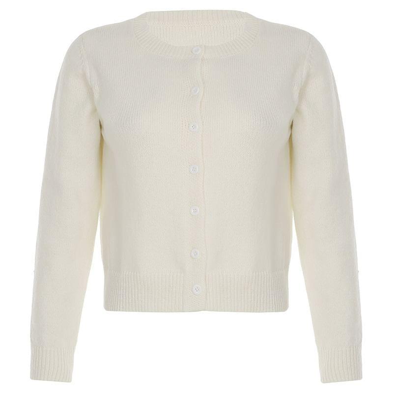 Crew Neck Plain Button-Up Crop Cardigan Product Image