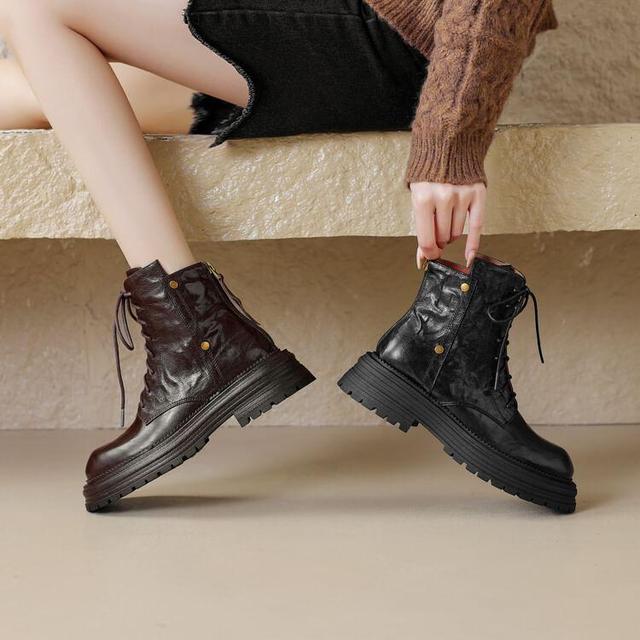 Platform Plain Lace-Up Faux Leather Short Boots Product Image