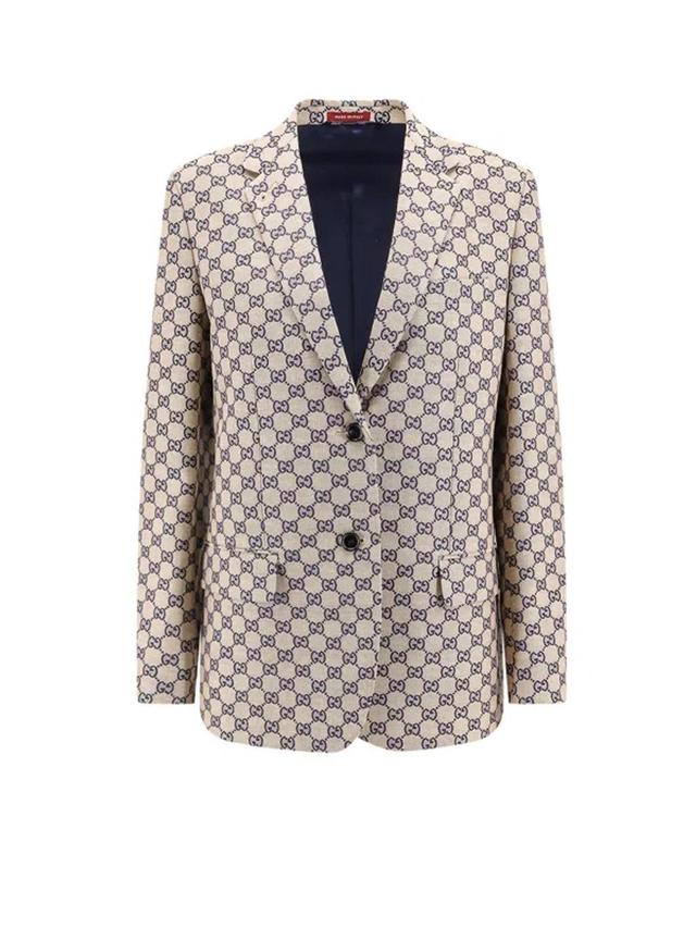 Gg-embroidered Single-breasted Blazer In Neutrals Product Image