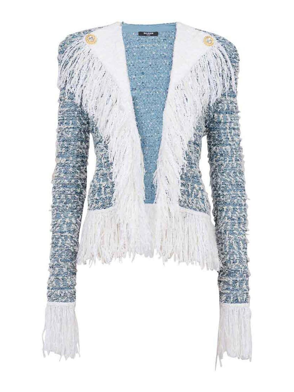 Fringed Tweed Cardigan In Blue Product Image