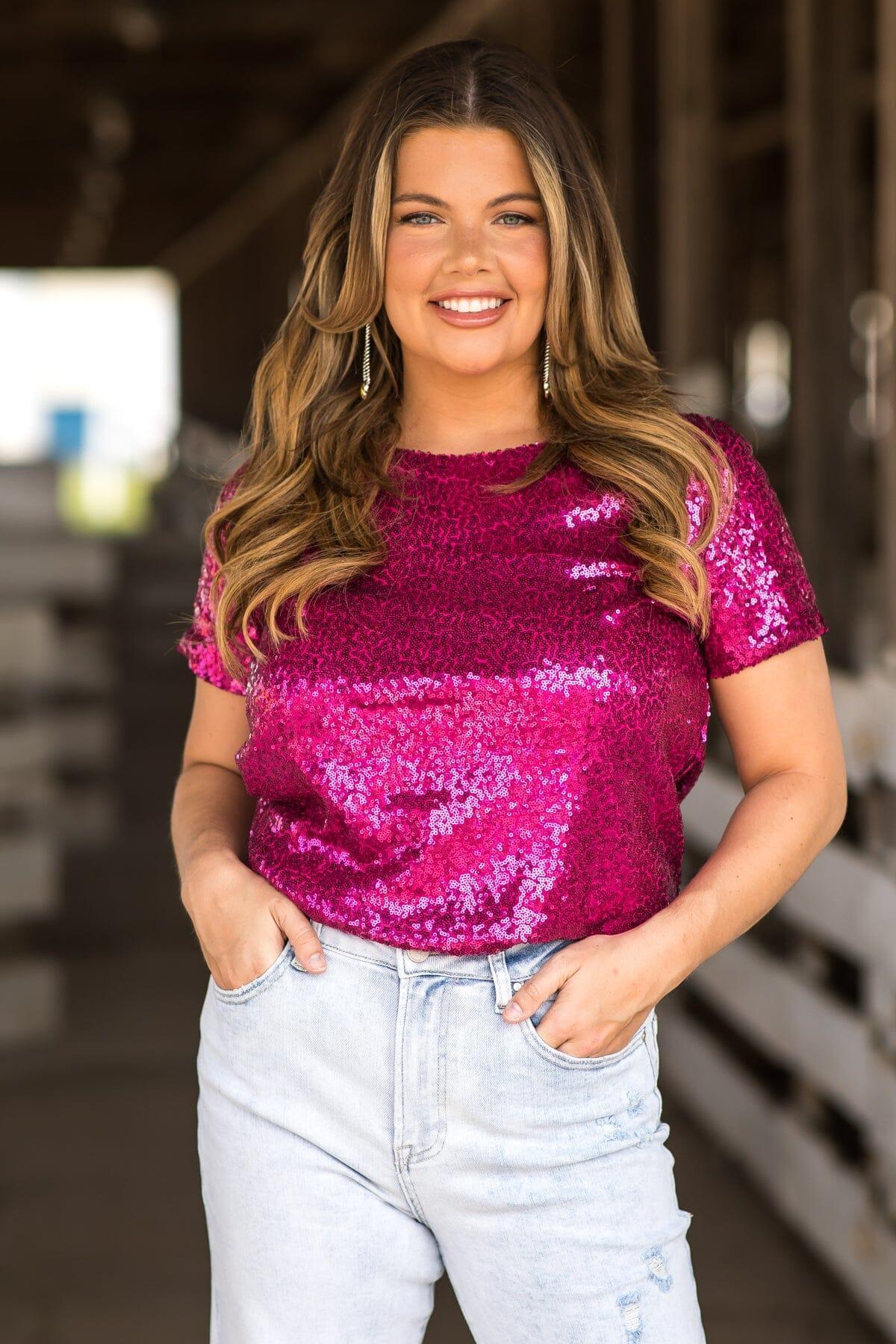 Fuchsia Sequin Short Sleeve Top Product Image