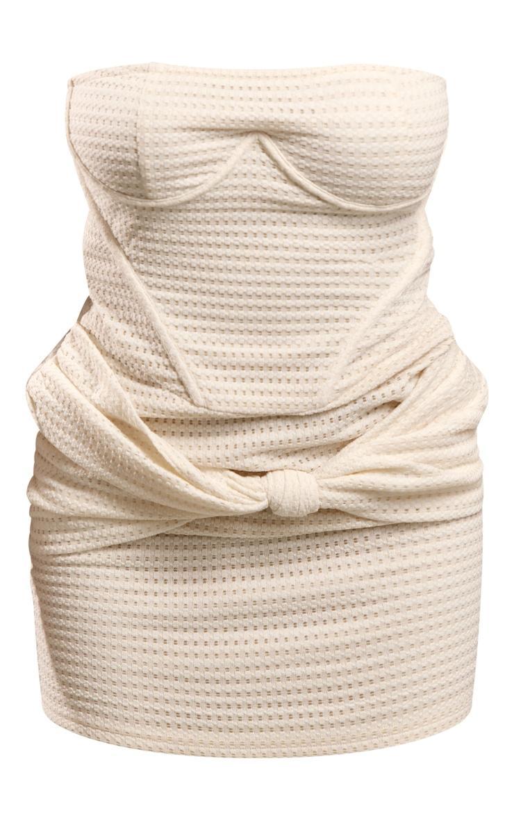 Cream Textured Bandeau Underwired Knot Drape Bodycon Dress Product Image