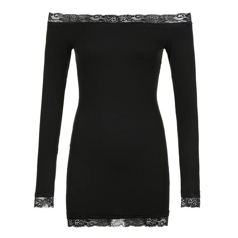 Long-Sleeve Off-Shoulder Plain Lace Trim Mini Bodycon Dress Product Image