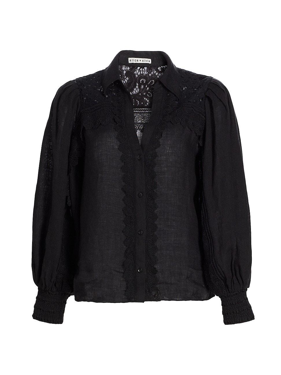 Womens Linen Lace-Paneled Blouse Product Image