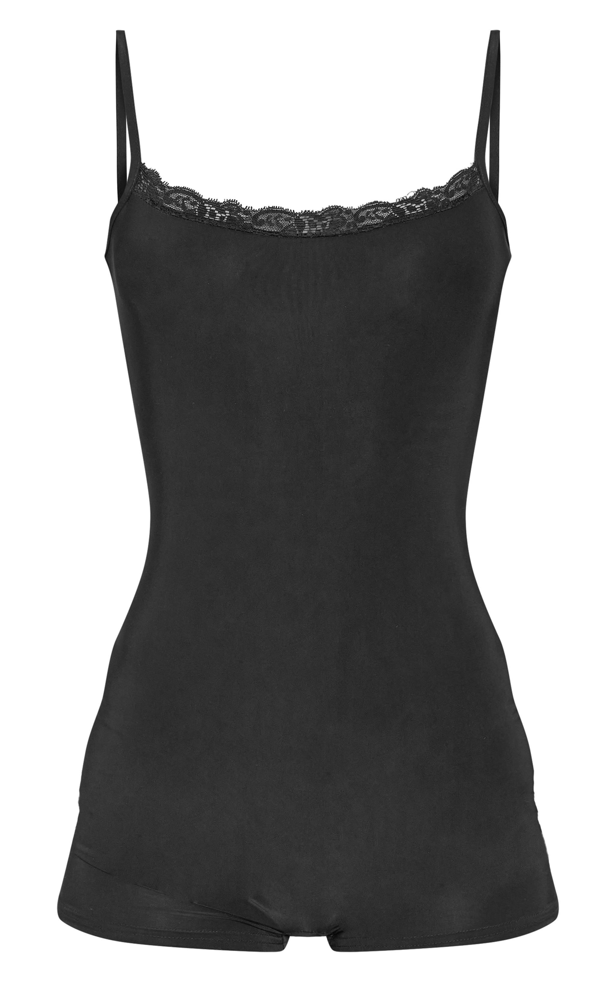 Black Slinky Lace Trim Strappy Unitard Product Image