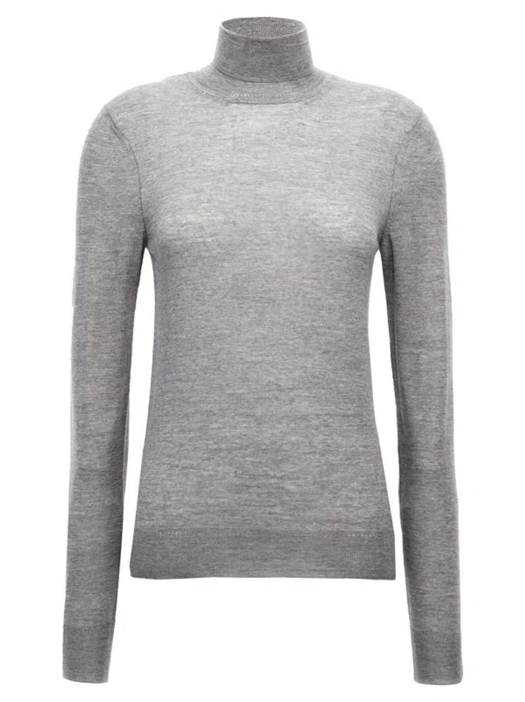 SAINT LAURENT 'cassandre' High Neck Knit Sweater In Gray product image