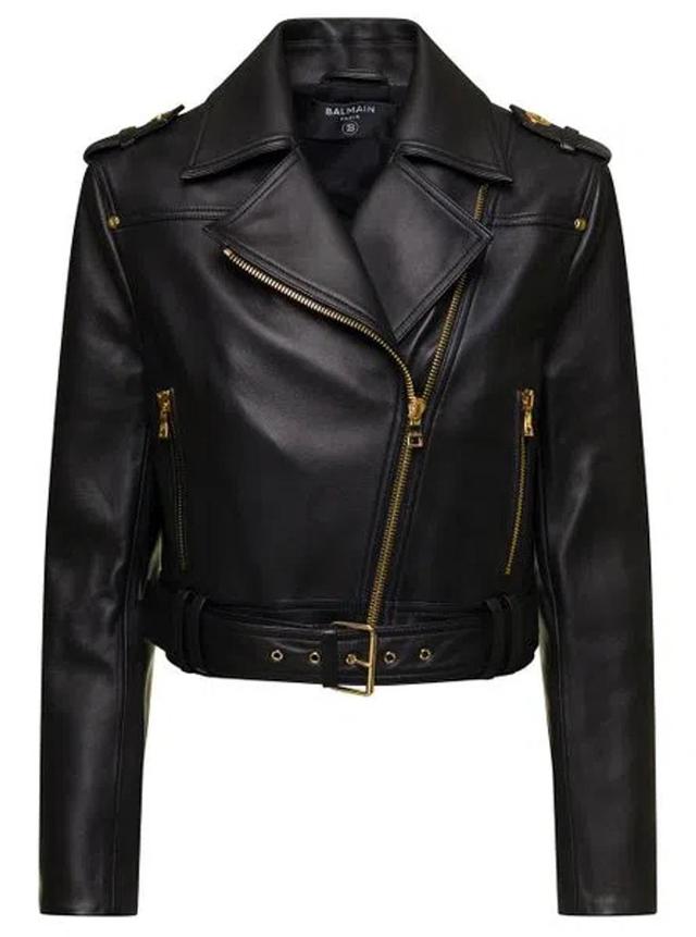 Women's Cropped Belted Leather Biker Jacket In Noir Product Image