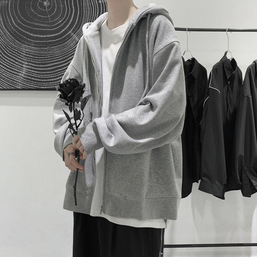 Plain Zip-Up Hoodie Product Image