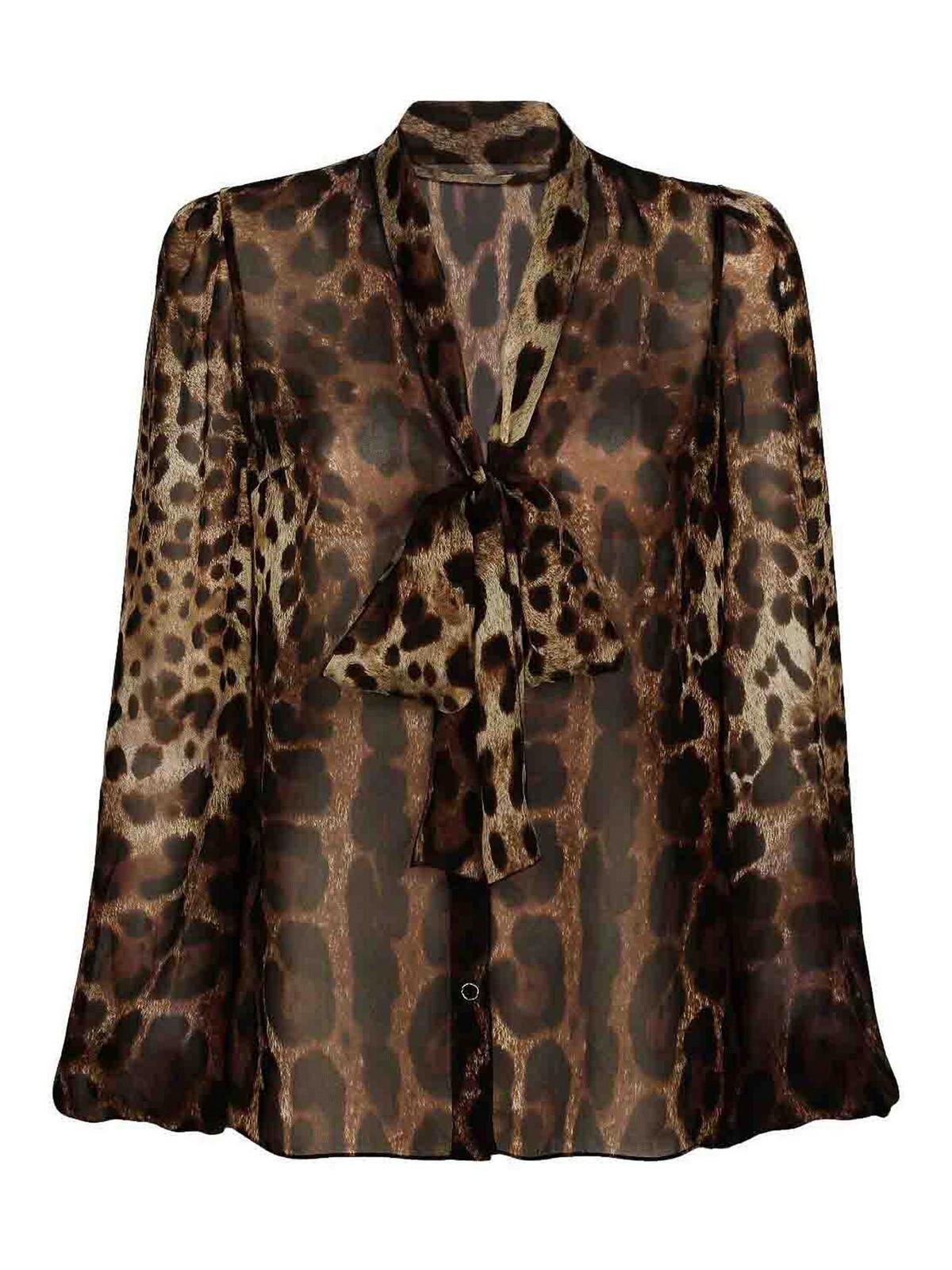 Pussy-bow Leopard-print Chiffon Shirt In Brown Product Image