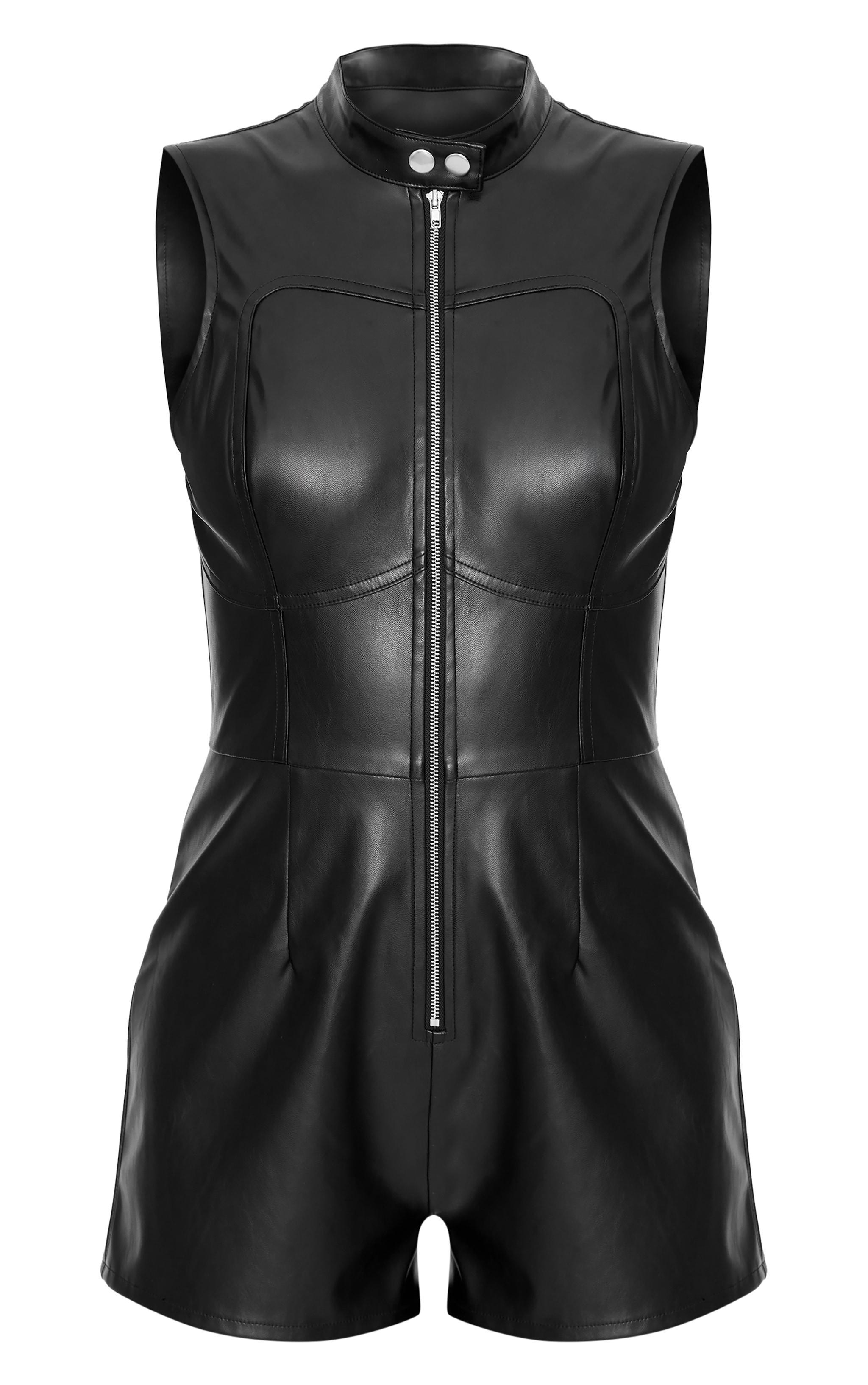 Black Faux Leather Zip Up Sleeveless Romper Product Image