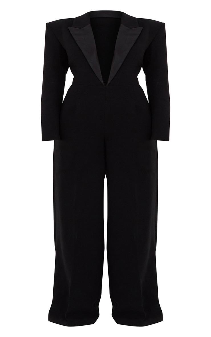 Plus Black Tailored Satin Lapel Straight Leg Jumpsuit Product Image