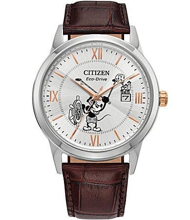 Citizen Mens Disney Citizen Steamboat Willie 1928 Three Hand Brown Leather Strap Watch Product Image